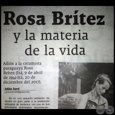 ROSA BRTEZ Y LA MATERIA DE LA VIDA - Por JULIN SOREL - Domingo,  24 de Diciembre de 2017